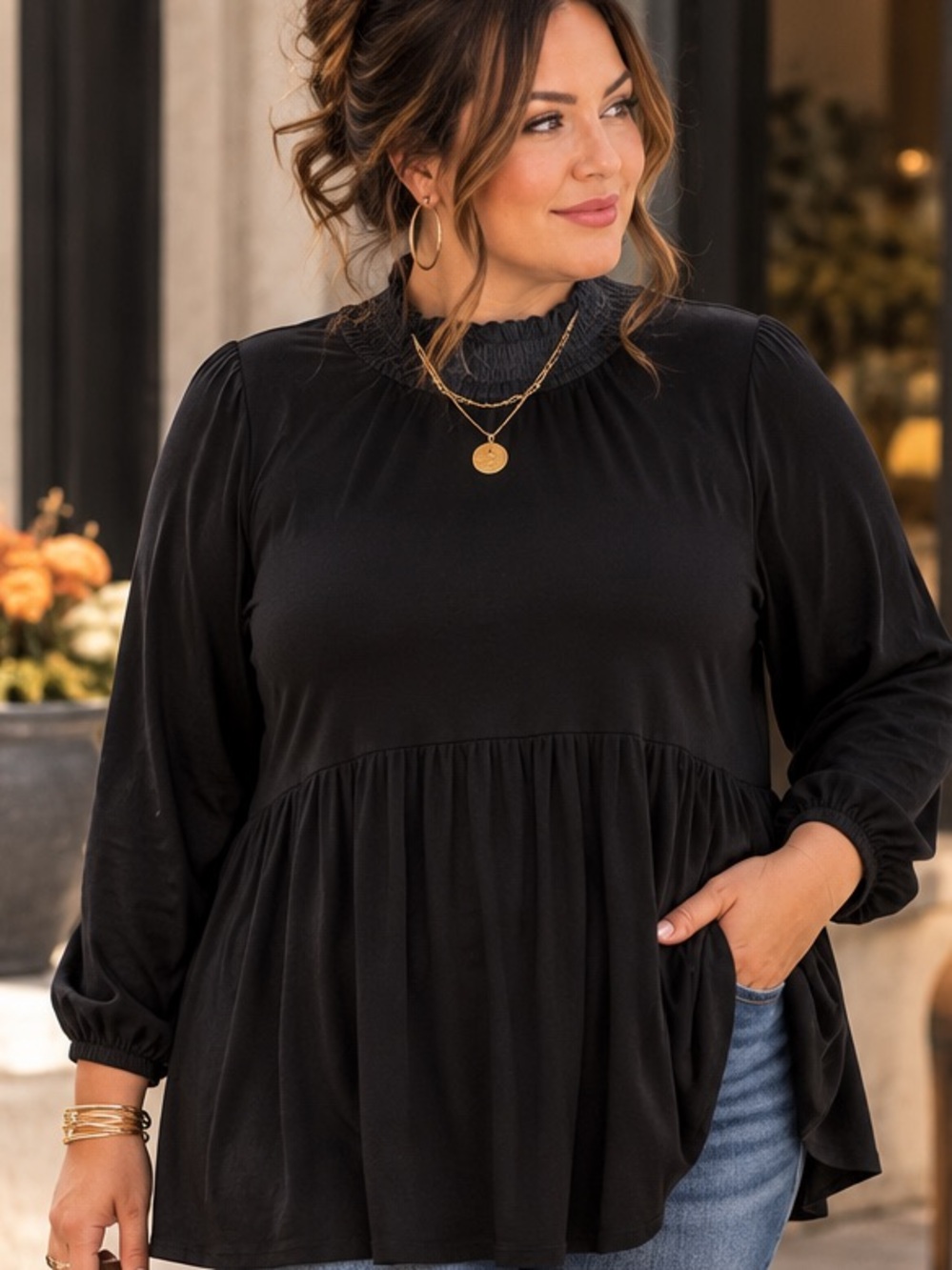 ane Bryant Black Babydoll Tunic Top 18/20 Smocked Neck Long Sleeve